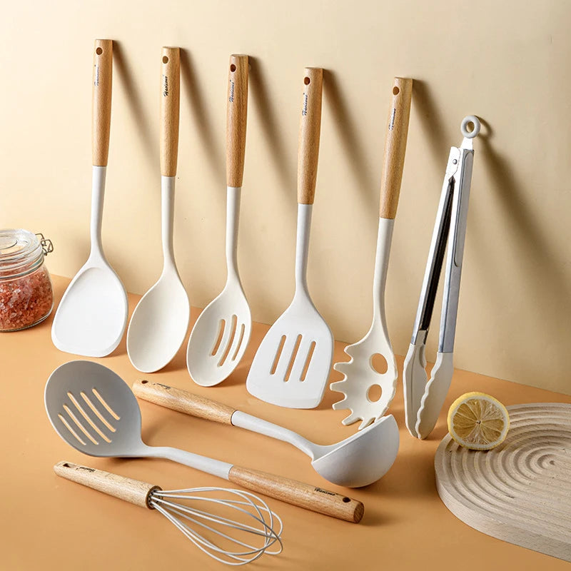10pcs Classic Luxury Kitchen Utensils Cookware Gadgets Stuff Wooden Accessories Cooking Silicon Kitchen Tool Set  Wood Handle