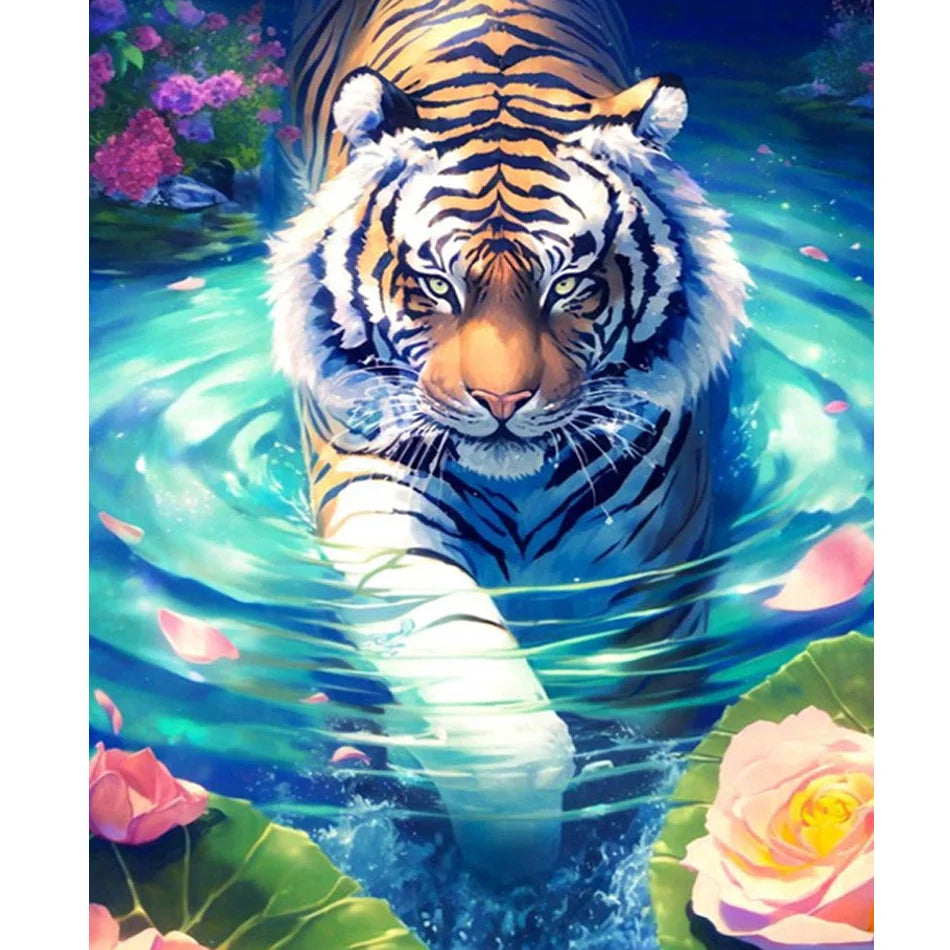 Classic Style Tiger Animals Swimming Painting by Numbers Kit for Adults 40x50cm/16x20inch Home Decors Coloring by Numbers