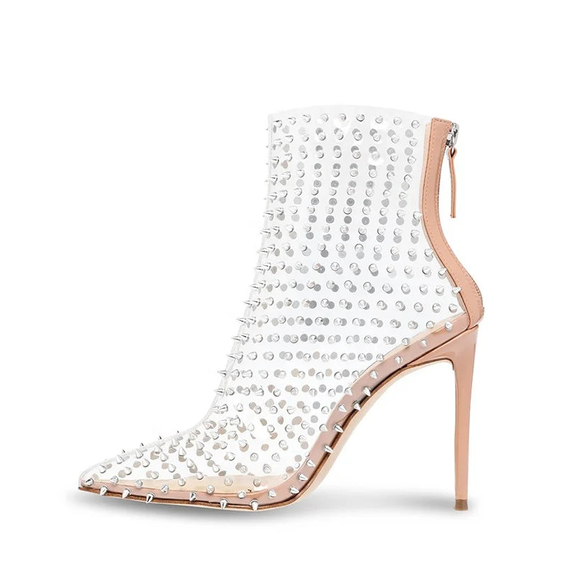 Large Size High Heel Transparent PVC Booties Clear Ankle Boots With Studs