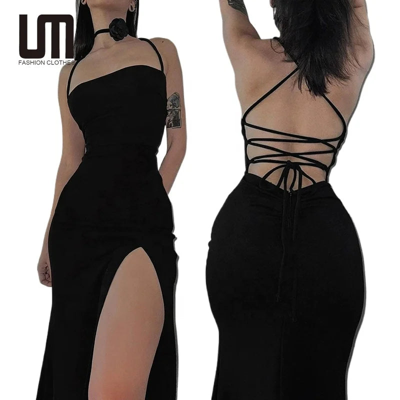 2025 Vintage Backless Halter Gown Women's Elegant High Waist Lace-Up Evening Dress Streetwear Y2K Cute Pattern