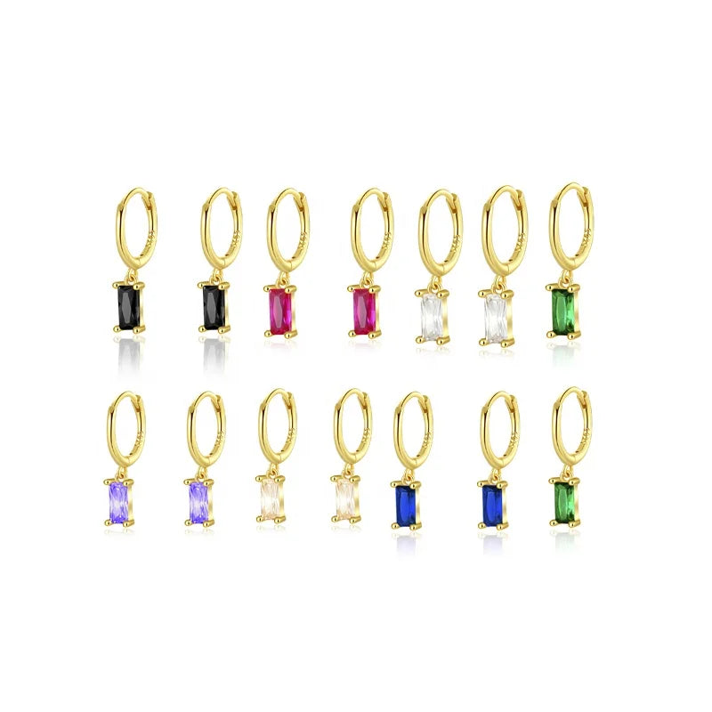 Rectangular Baguette Cubic Zirconia S925 Sterling Silver Hoop Earrings 18K Gold Plated Pendant Drop Dangle Earrings
