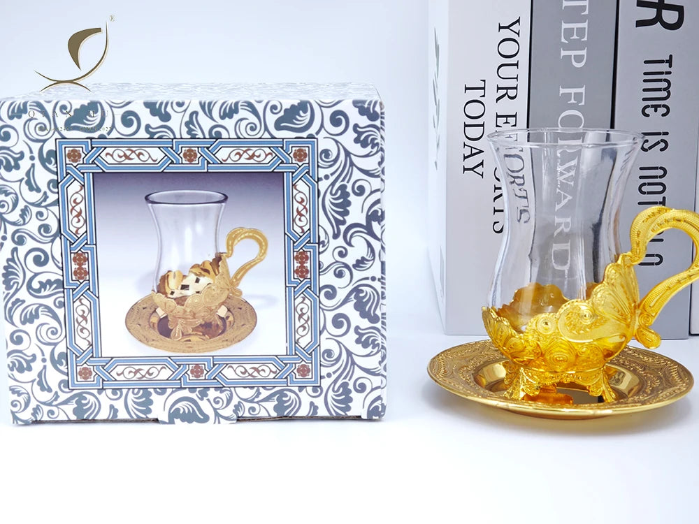 QIAN HU Classic American Tea Coffee Set 350ml Durable Double Wall Glass Cup Eco-Friendly Saucers Metal Holder Custom Logo