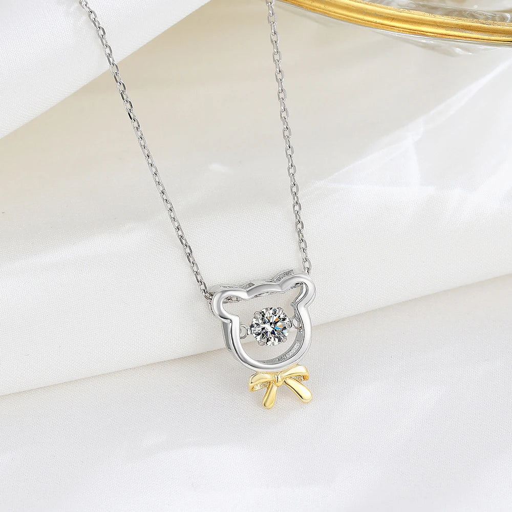 Cute 925 Sterling Silver Smart Bear Pendant Simple CZ Diamond Necklace for Women