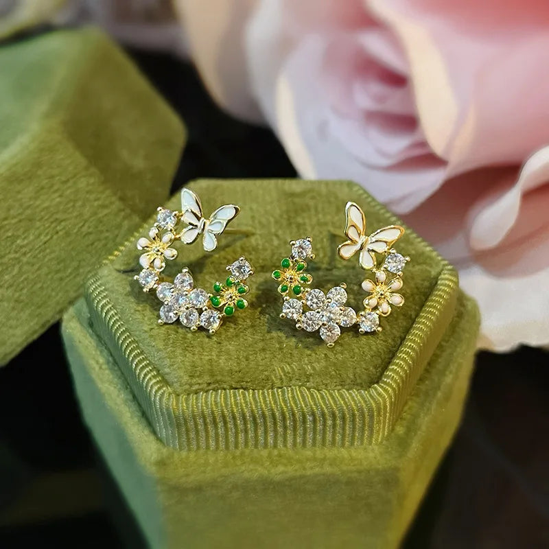 S925 Silver Needles Earrings Summer Flower Earrings Zircon Stud Earrings Women