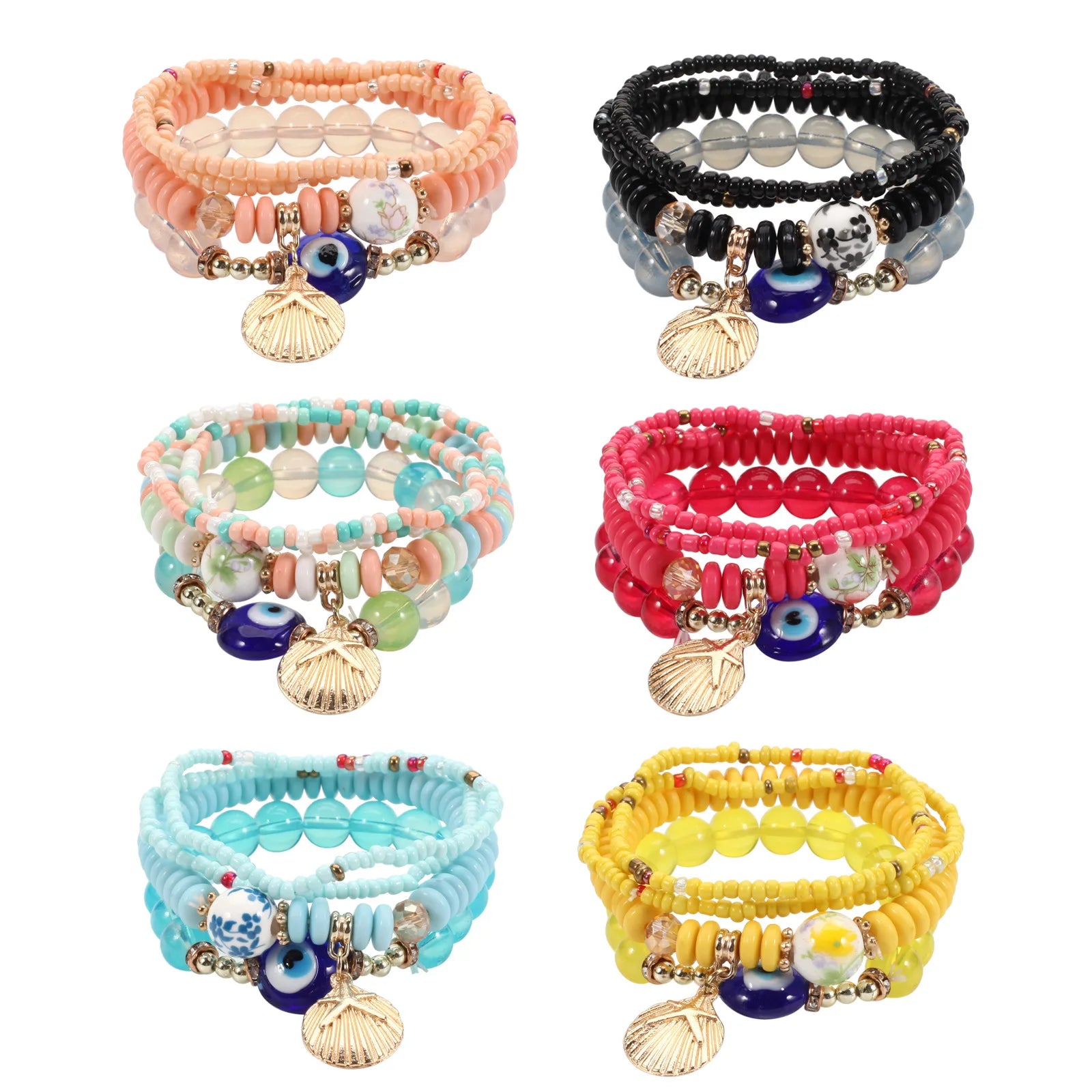 2025 New Fashion Jewelry Bohemia Multiple Layered Alloy Glass Zircon and Seed Beads Shell and Eye Pendant Beaded Bracelet Sets