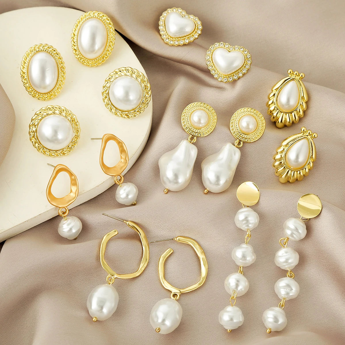 Fashion Gold Plating Heart Oval Round Bear Rabbit Shaped Woman Dangle Large Baroque White Pearl Stud Earring Jewelry