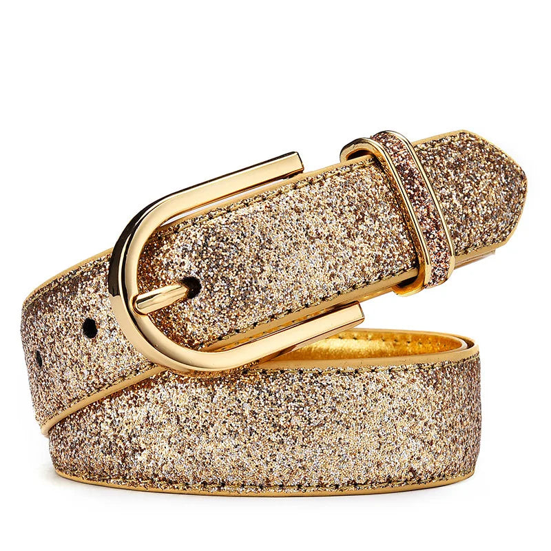 Alloy Buckle Women's Shiny Bling PU Leather Wide Waist Belt Soft Dress Belt for Club Party Jeans Pants
