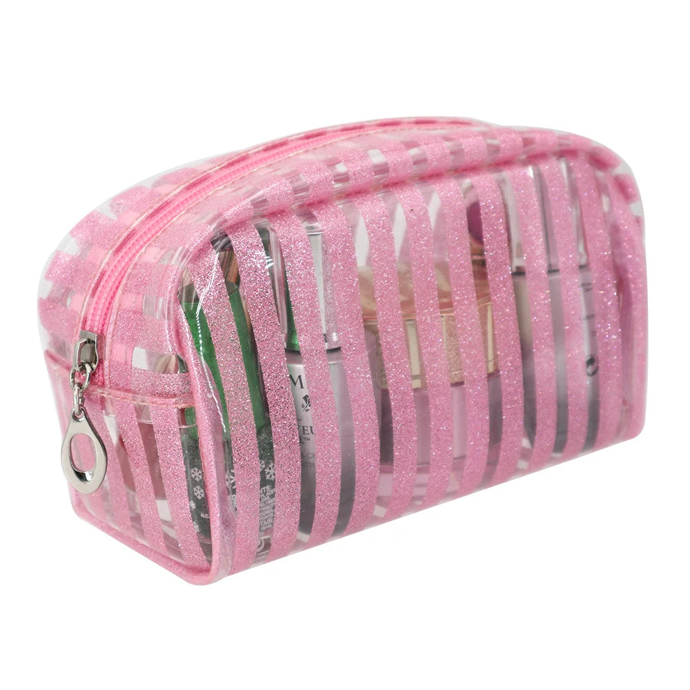 OEM Pink Stripe Portable Cosmetic Pouch Clear Make up Bag With Zipper PVC Waterproof Travelling Wash Bags for Women OEM