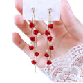 Red Purple Rose Flower Long Chain Tassel Threader Rhinestone Stud Earring Women Straight Hanging Chain Dangle Earrings Jewel
