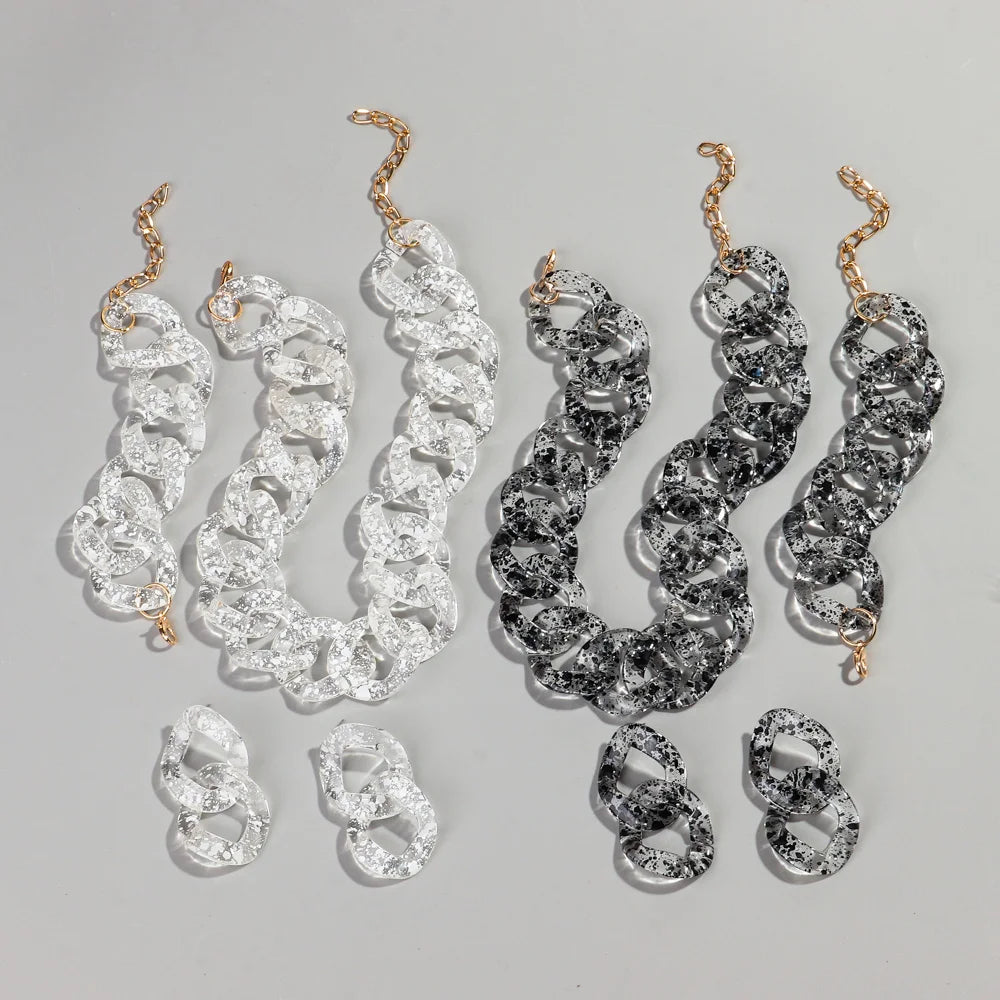 Stylish 2024 Personality Resin Jewelry Set Clear Link Colorful Splash Ink Chain Acrylic Earrings Bracelet Necklace Set for Women