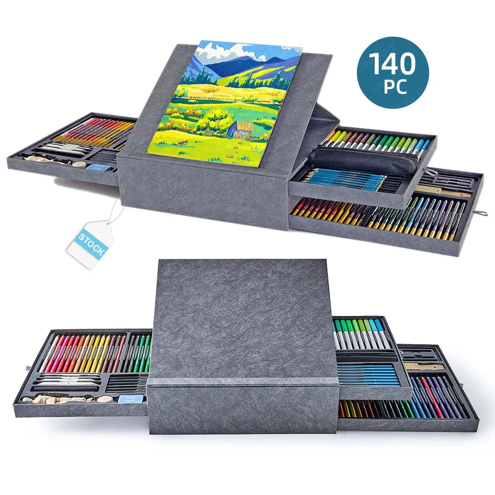 SINOART Stock 140PCS Deluxe Mixed Media Drawing Set with Watercolor Markers Sketch Color Pencils Watercolor Pencils Soft Pastels
