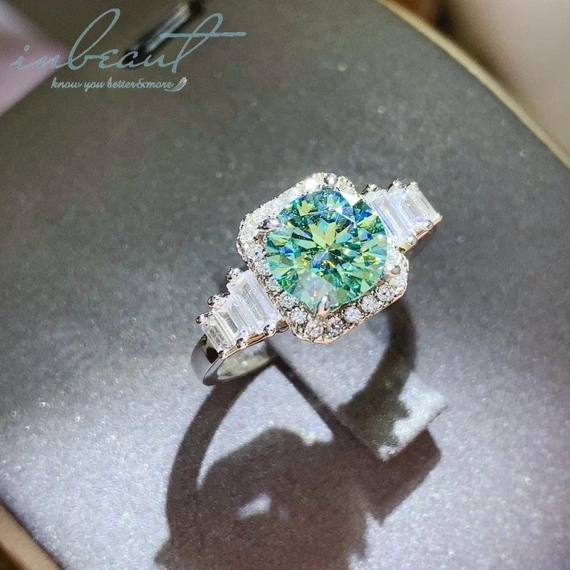 Silver 925 Original 3 Carat Brilliant Cut Diamond Test Past Sparkling Green Moissanite Wedding Ring for Women Gemstone Jewelry