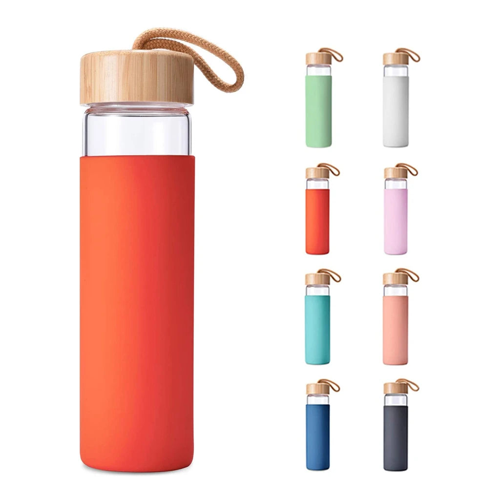 20oz Borosilicate Glass Water Bottle With Bamboo Lid and Non-Slip Protective Silicone Sleeve