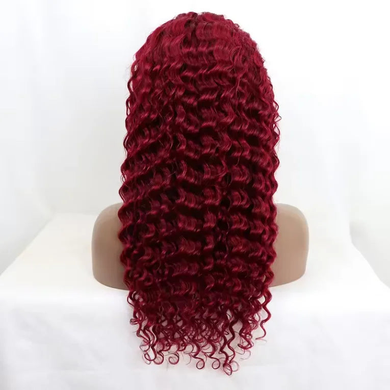 99J 13*4 Lace Front Wig Deep Wave Human Hair Brazilian Wigs Deep Wave Burgundy 180% Density Lace Frontal Wig