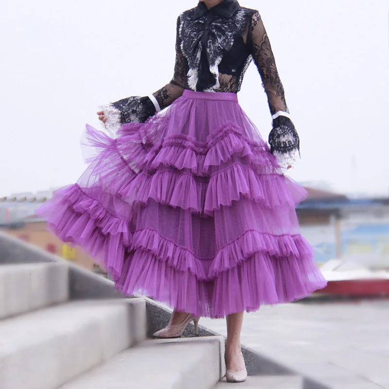 Black Patchwork Mesh Skirt for Women High Waist Casual Ball Gown Skirts Female Fashion New Clothes _ Spring