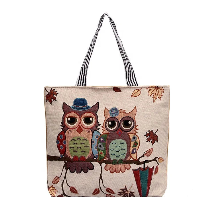 2025 Cheap Hot Sell Owl Printing Shopping Beach Tote Bag for Lady