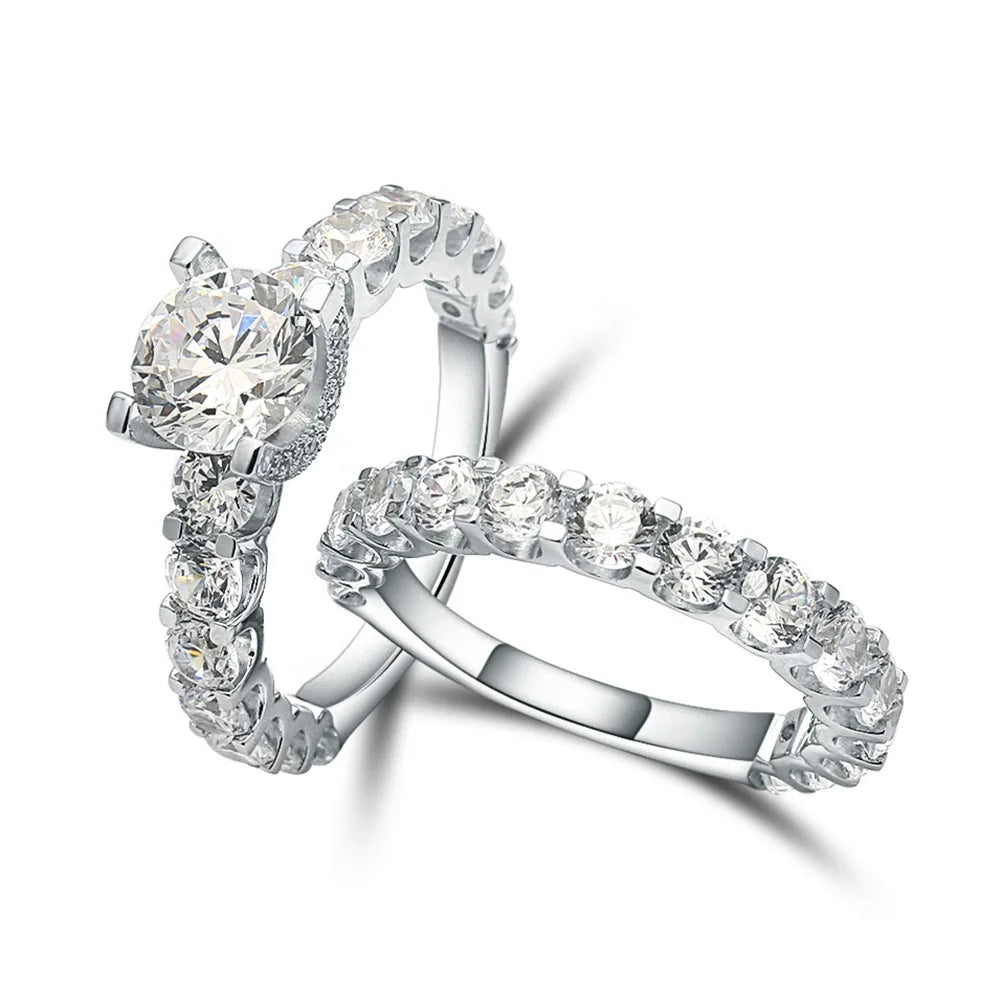 Abiding Shining Delicate Round Cubic Zirconia Half Eternity Real 925 Sterling Silver Wedding Ring Set for Bridal