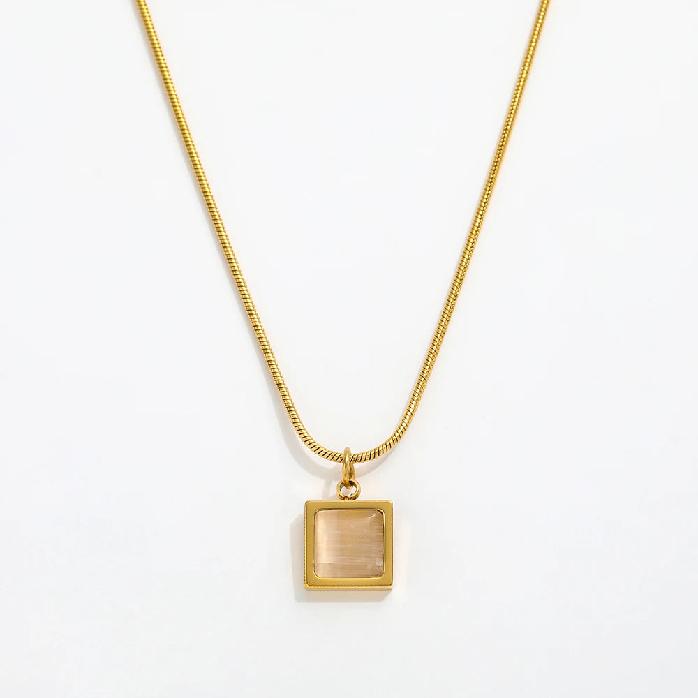 Fenny Wholesale 18K PVD Plated Tarnish Free Luxury Fashion Square Moonstone Pendant Stainless Steel Necklace for Women