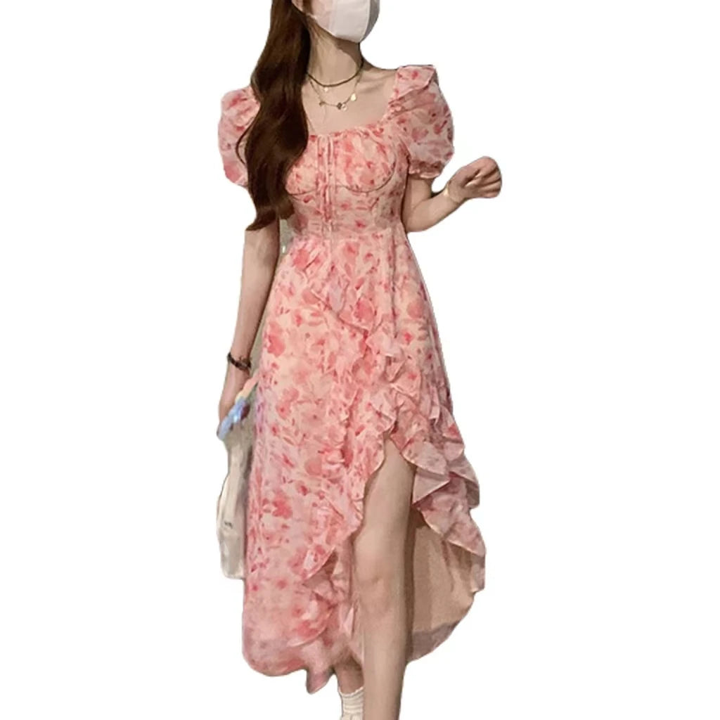 Custom Breathable Summer Dress Women French Retro Ruffles Floral Dress Maxi Casual Dress Split Skirts
