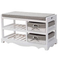 2 Tier Wooden White Shoe Storage Shoe Cabinet Bench Shoes Rack With Padded Seat and 2 Storage Wicker Baskets