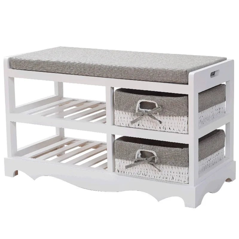 2 Tier Wooden White Shoe Storage Shoe Cabinet Bench Shoes Rack With Padded Seat and 2 Storage Wicker Baskets