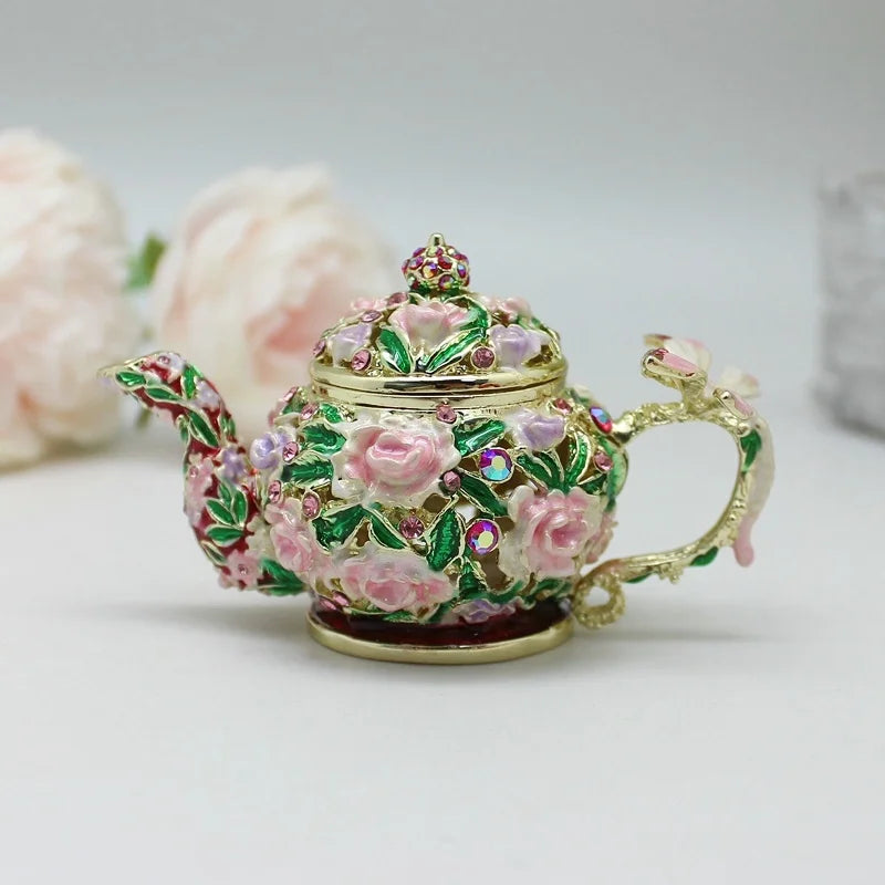 SHINNYGIFTS Vintage Style Enameled Dragonfly on Teapot Trinket Box Hinged Hand Painted Crystals Jeweled Box