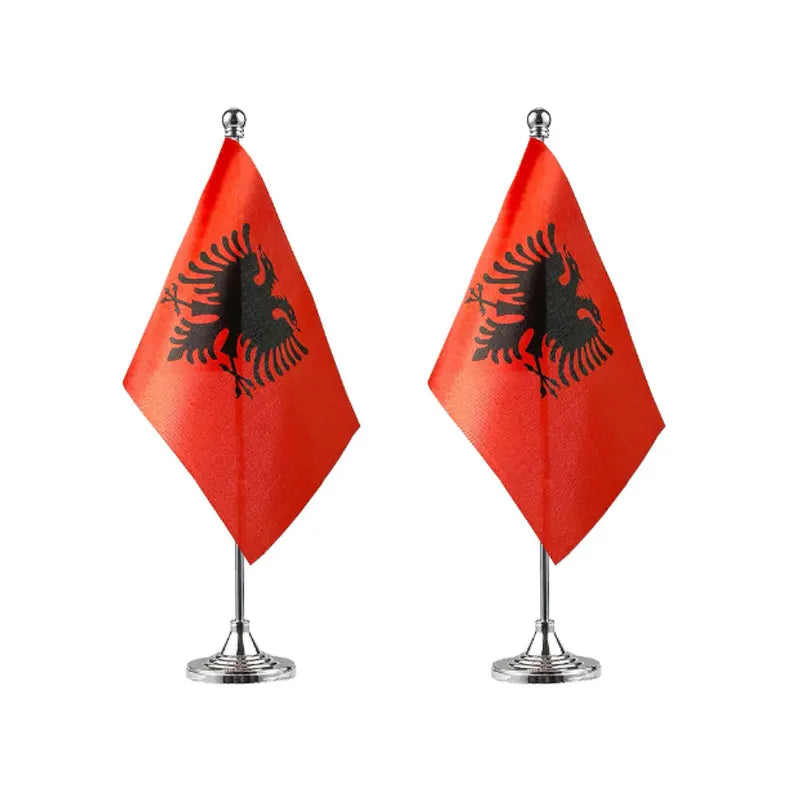 Albania Table Flags BannerStick Small Size Office Desk Flag on Stand with Stand Base Metal Table Flag Holder