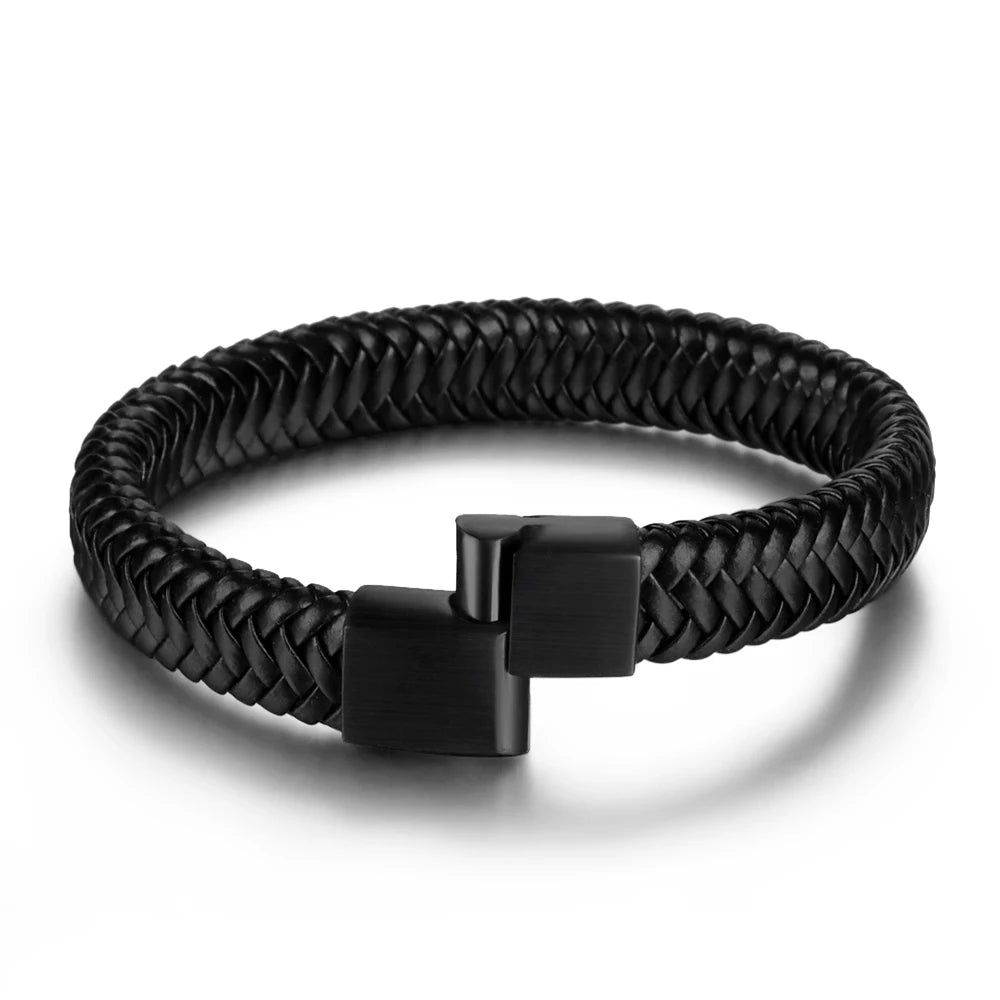 Wholesale Vintage Simple Handmade Braided Magnetic Clasp Leather Bangles Bracelet for Men