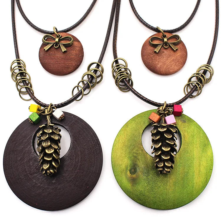 Vintage Ethnic Color Wooden Jewelry Brown Leather Cord Bow Pendant Necklace Pinecone Pendant Necklace Gifts for Women Men