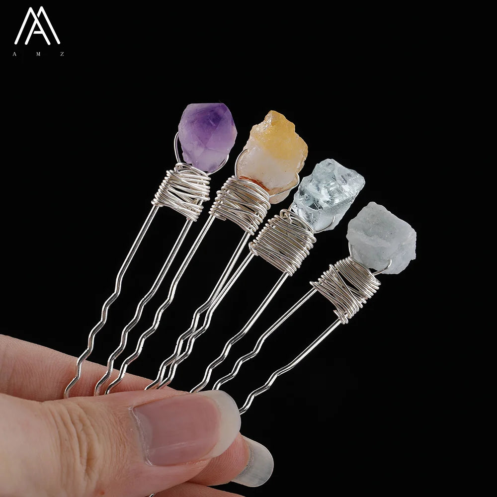 Chunky Natural Stones Hair Pins Silver Jewelry Healing Crystals Quartz Bobby Pin Wedding Hair Accessory