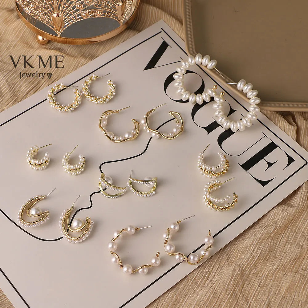 VKME New Wholesale Fashion Korean Style Gold Color Alloy Sweet Cute Baroque Pearl Drop Earrings Set