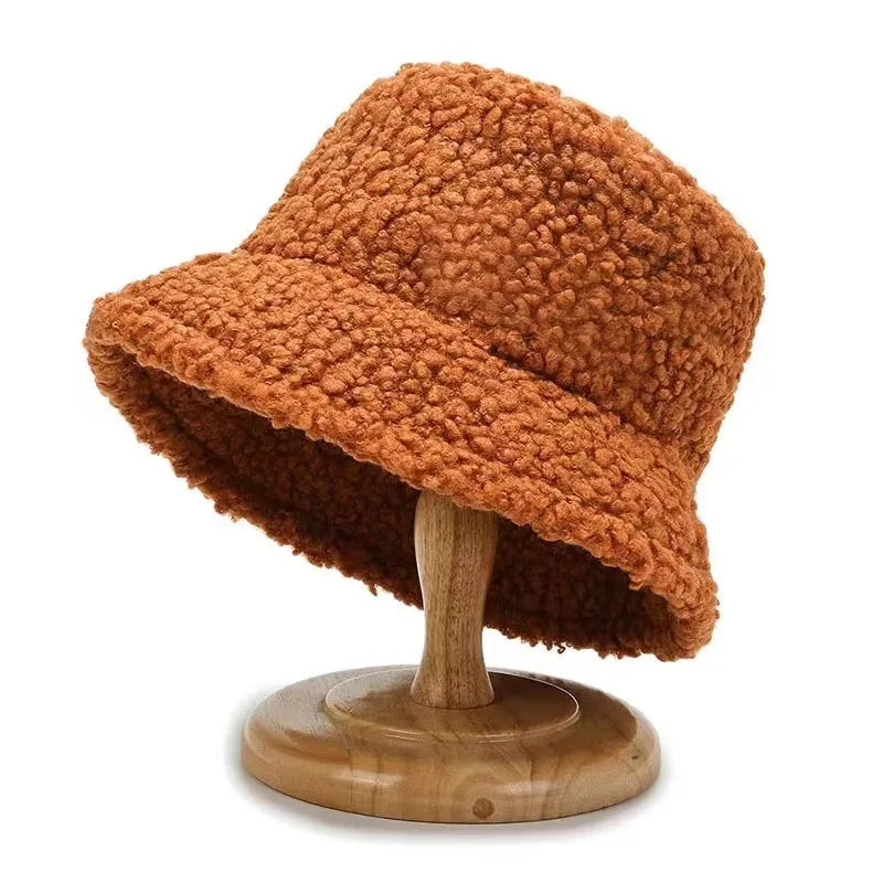 Newest Custom Logo Unisex Winter Warm Faux Fur Bucket Hats Thickened Plush Fisherman Caps Visor Outdoor Fishing Caps for Women