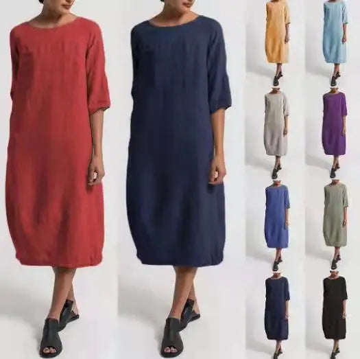 S-5XL Women's New Summer Casual Large Dress Loose Round Neck Half Sleeve Dress Solid Color Dress