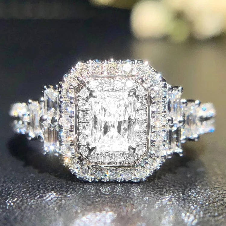 CAOSHI Luxury Cubic Zircon Finger Rings Elegant Women Silver Coating Rectangle Shape CZ Bridal Wedding Ring
