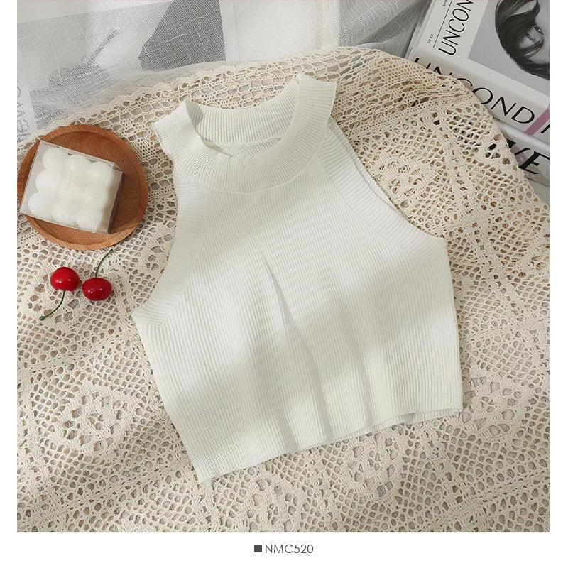 Wholesale Women's Sleeveless Knitted Ice Silk Hanging Neck Off Shoulder Suspender Top Small Tank Top