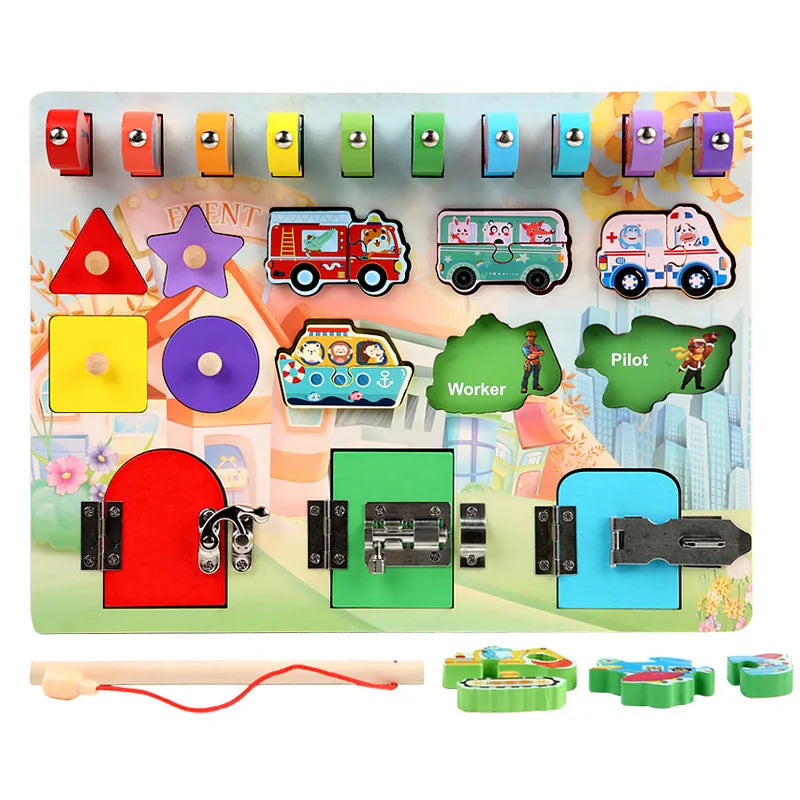 2026 Trending Montessori Children Wooden Fishing Shape Matching Unlock Busy Board Game Educational Fidgety Sensory Toys for Kids