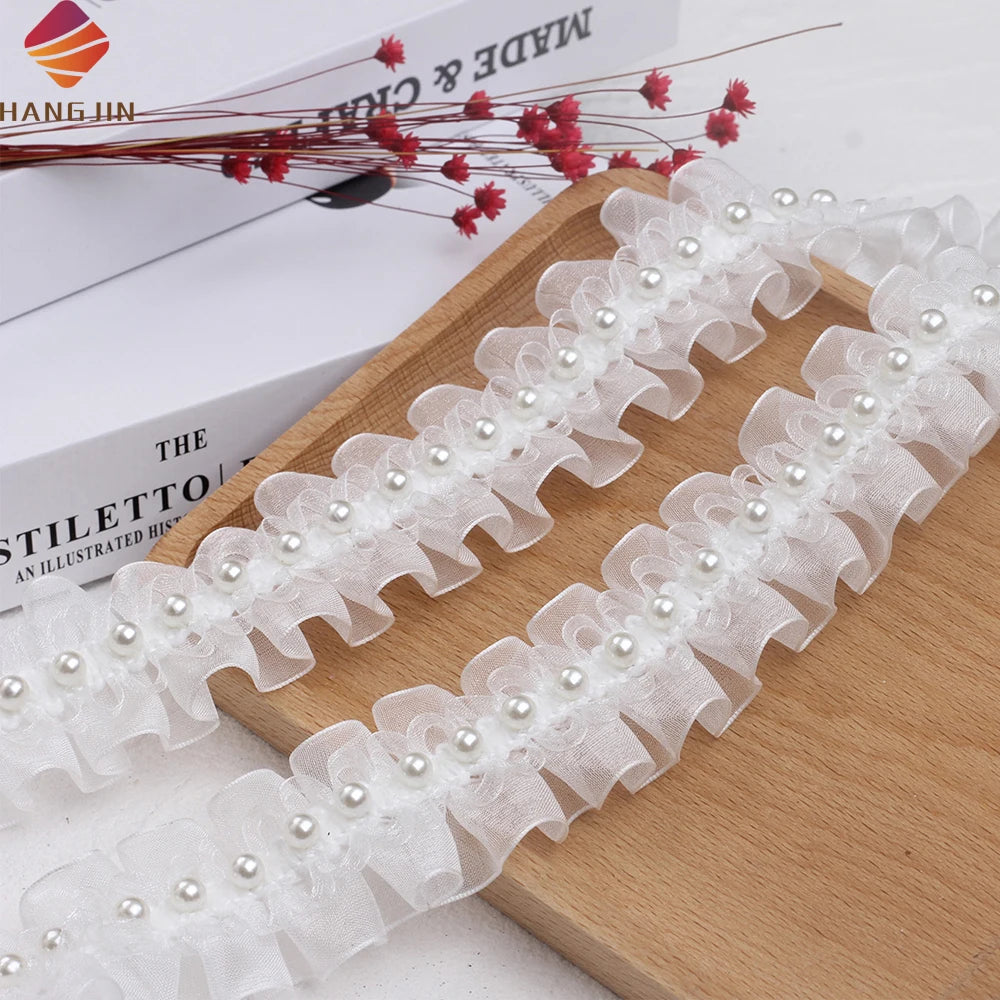 White 3D Organza Ruffle Trim Sewing Ribbon Trimming Beads Ruffled Pleated Gauze With Pearls for Dress Diy Sleeve Skirt Doll