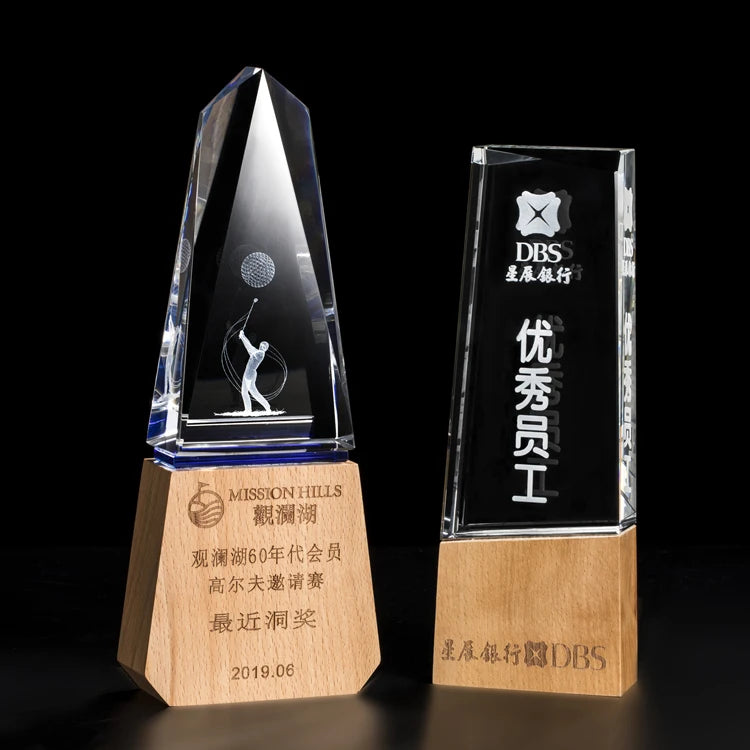 Creative New Medal Solid Wood Base Crystal Cup 3D Laser Engraving Crystal Glass Award Plaque Wooden Column Trophy