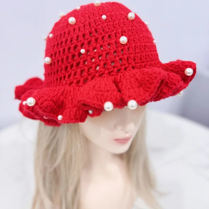 Handmade Crochet Pearl Knitted Bucket Hat  Outdoor Ruffled Brim Winter Carnival Hat  Lotus Leaf Ruffled Brim Knitted Bucket Hat