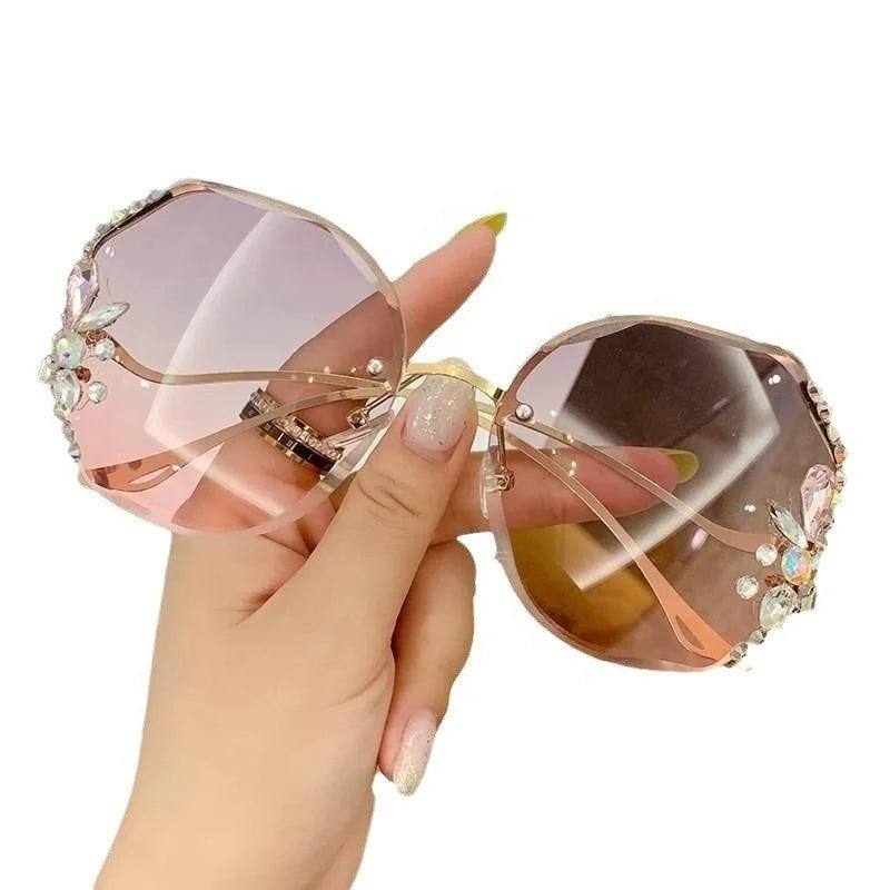 Rimless Cut Edge Women's Sunglasses Korean Fashion Diamond-encrusted Colored Metal UV400 Protection Slim High-grade Glasses