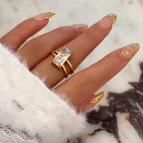 Dazan HOT Winter New Ins Trendy 18k PVD Gold Plated Stainless Steel Vintage Peculiar Square Zircon Ring Valentine s Day