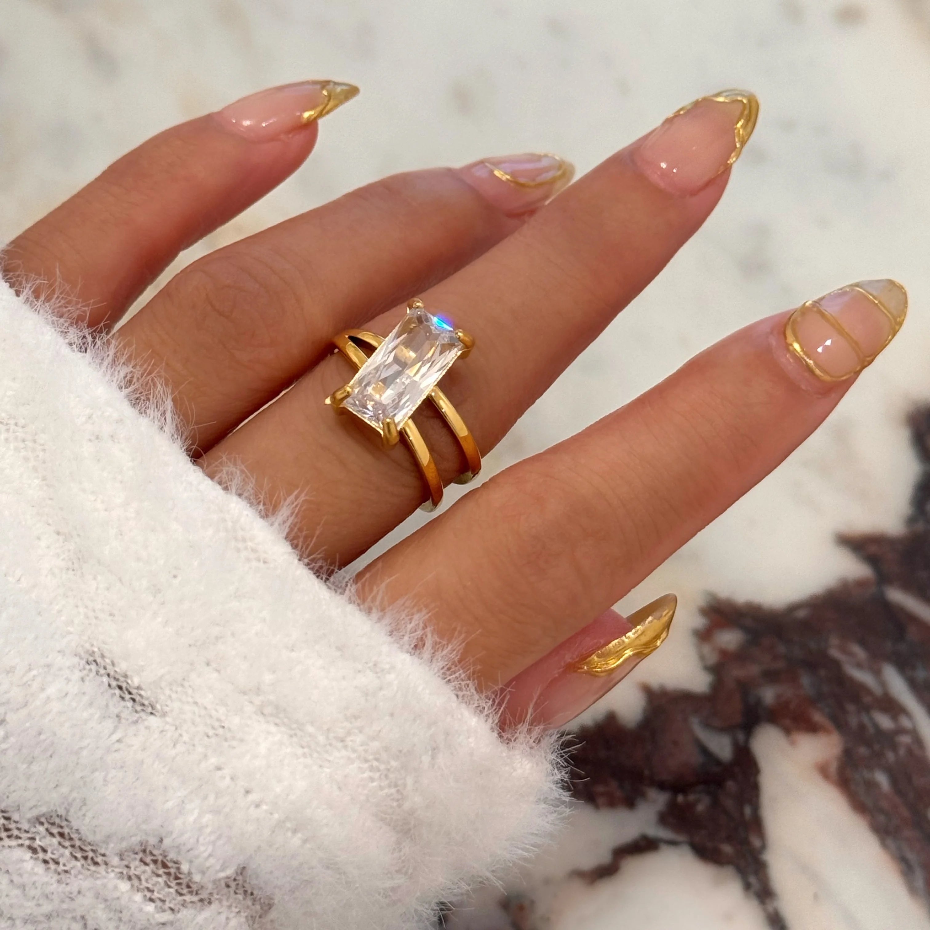 Dazan HOT Winter New Ins Trendy 18k PVD Gold Plated Stainless Steel Vintage Peculiar Square Zircon Ring Valentine s Day