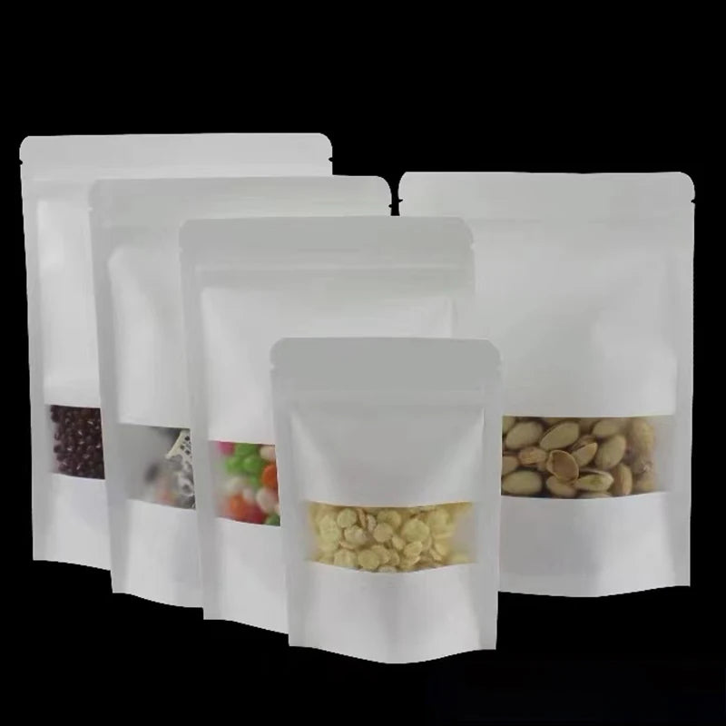 Hot Selling Eight-Sided Food Grade Kraft Paper Bag Reusable Self-Supporting White Cowhide with Frosted Window Zipper Valve