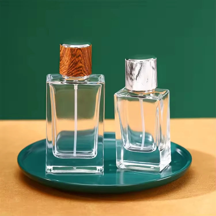 30ml 50ml Flat  Glass Bottle Crimp Pressurized Atomizer Glass Perfume Bottle with Wooden Pattern Cap