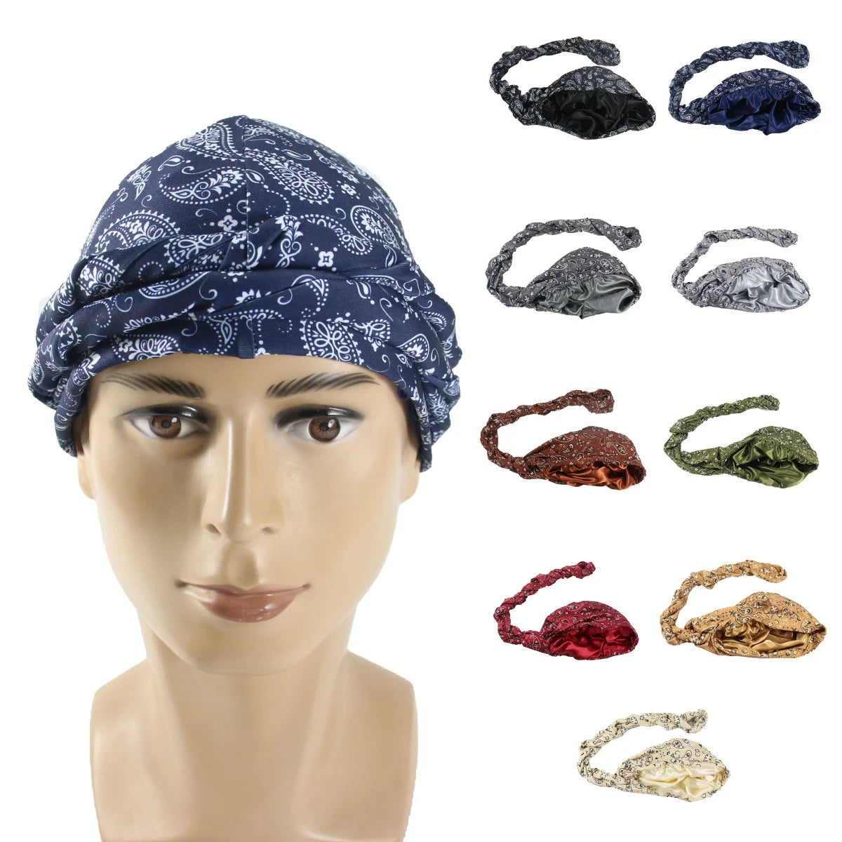 HZM-23179 Paisley Turban Durag Satin Lined for Women Men Pre-Tied Head Scarf for Amoeba Bandanna Head Wrap