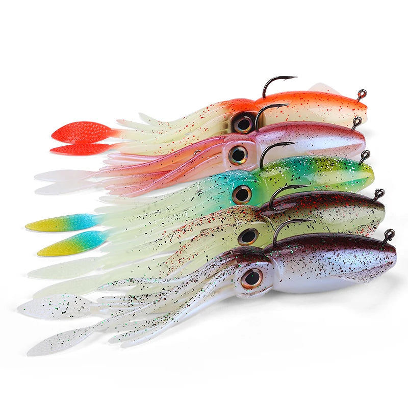 20cm 130g 5colors Artificial Soft Squid Fishing Bait Hooked Octopus Soft Fishing Lure with UV Luminous Lead Hook Squid Soft Lure