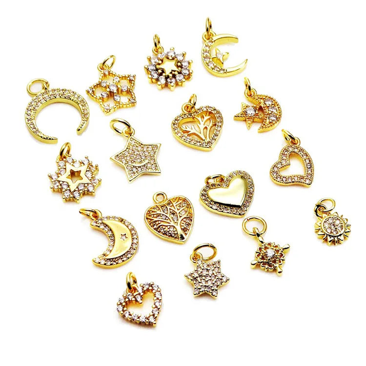 CZ8291 Wholesale Tiny CZ Brass Moon Charms for Necklace Jewelry Accessories  Copper Star & Heart  Pendant