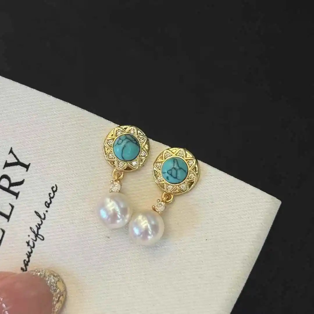 New Chinese Classical Turquoise Palace Drop 7-8mm Natural White Freshwater Bread Pearl Cute Party Gold Plated Leaf Shape Women's