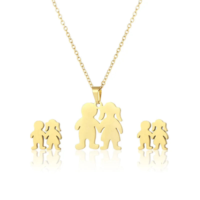 Lucky Boy Girls Pendant Necklace Plating Stainless Steel Gold Color Clavicle Chain Sets Necklace Earring Fashion Jewelry Set