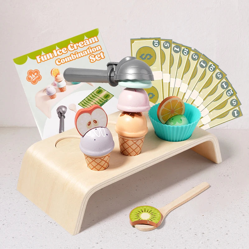 Toddler Kitchen Pretend Play Food Wooden Ice Cream Cart Toy with Ice Popsicles & Scoop & Menu